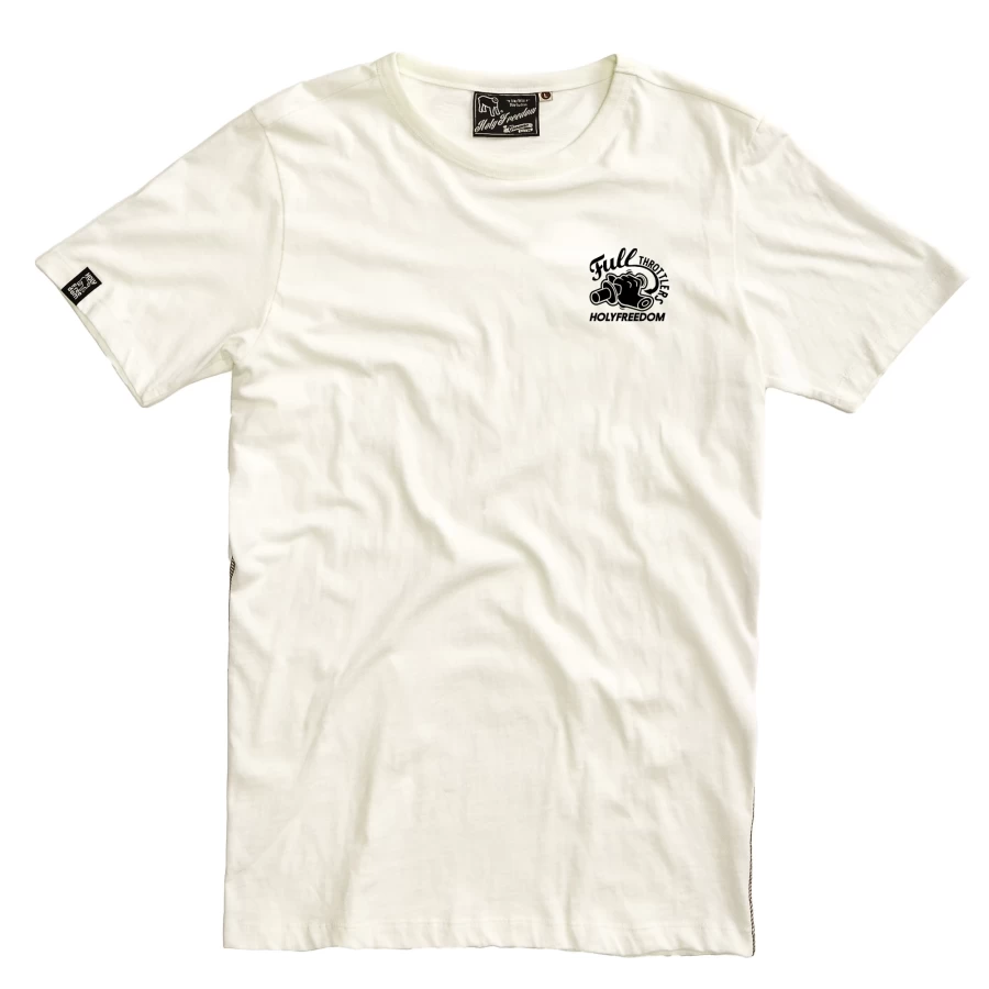 Vista frontale della T-shirt Crew White in cotone riciclato, pulita e facile da abbinare.
