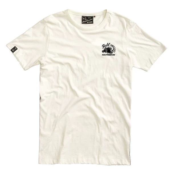 Vista frontale della T-shirt Crew White in cotone riciclato, pulita e facile da abbinare.