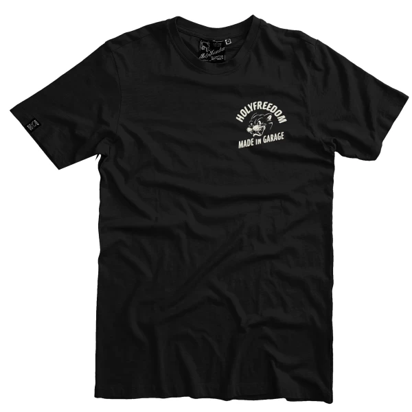 T-shirt Holyfreedom nera in cotone riciclato, vista frontale dal fit essenziale.