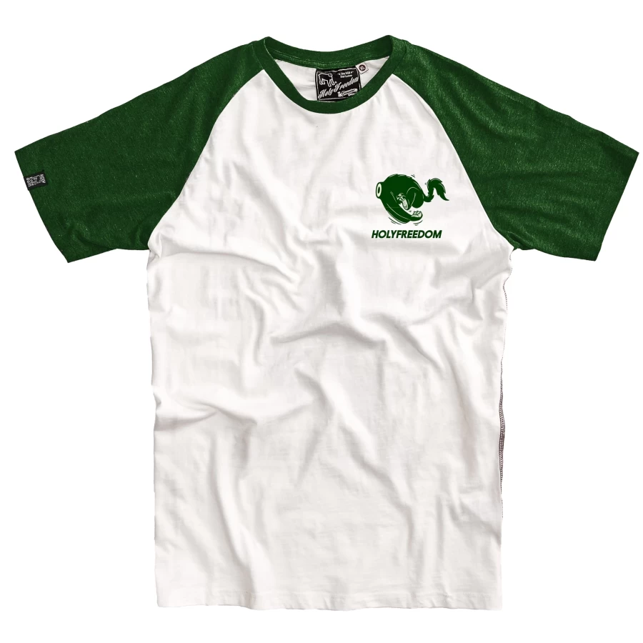 T-shirt donna Be Carefull Green Holyfreedom, vista frontale in cotone riciclato.