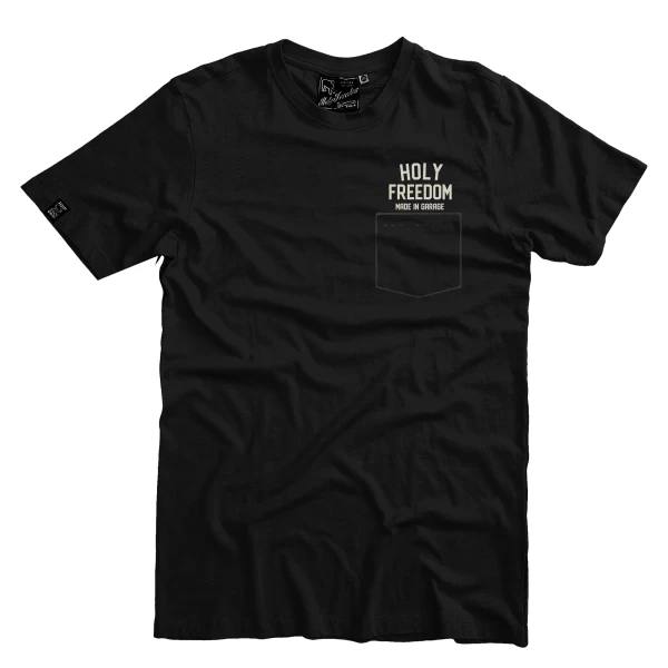 Dettaglio tasca frontale della t-shirt moto donna Pocket Black con finiture pulite.