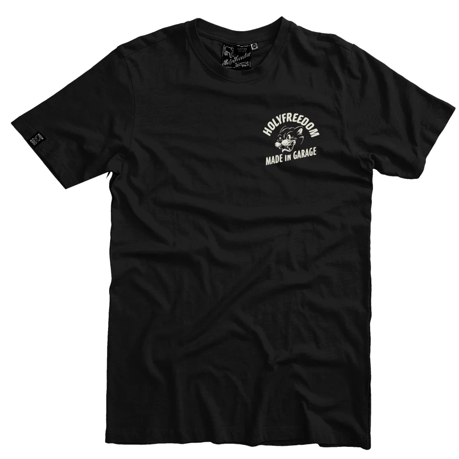 T-shirt donna Holyfreedom Felix Black in cotone riciclato, vista frontale dal fit pulito.