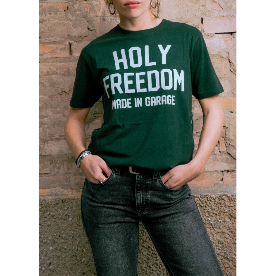 Graphic detail of the Holyfreedom Crew Bottle tee, with a clean biker look and deep green tone.