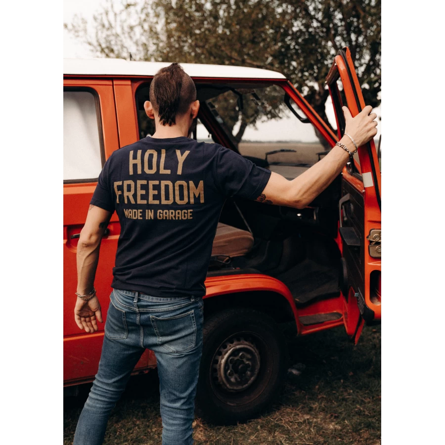 Detail of the Crew Blue tee with subtle vintage character and clean styling.