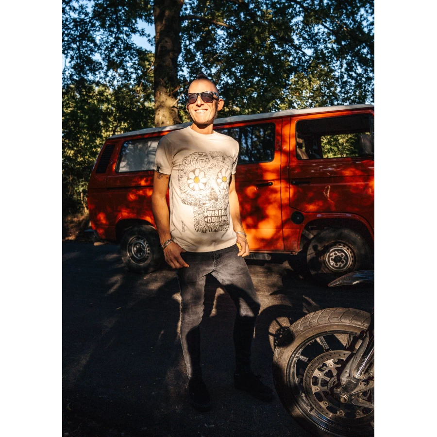 Lifestyle fit with denim and sneakers for a relaxed, motorcycle-ready look.