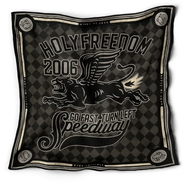 Foulard moto Holyfreedom Fartback visto frontalmente, con stampa artistica e stile vintage custom.