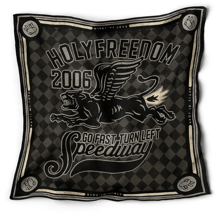 Foulard moto Holyfreedom Fartback visto frontalmente, con stampa artistica e stile vintage custom.