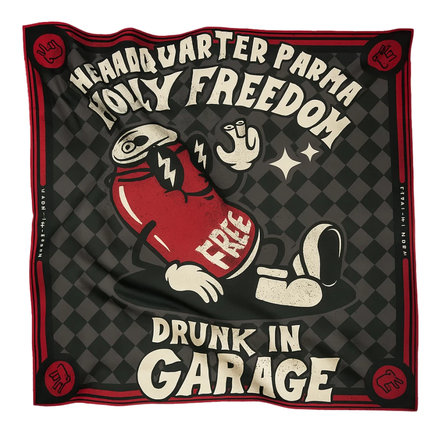 Foulard moto Holyfreedom Headquarter visto frontalmente, con grafica custom e taglio vintage.