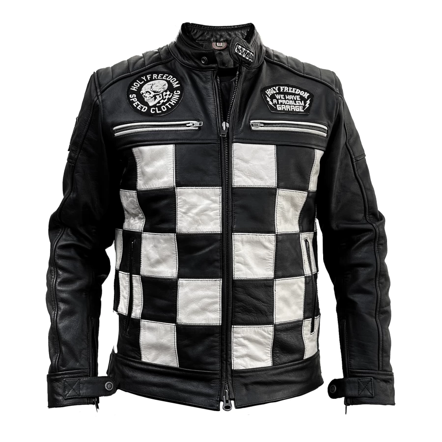 Front view of the leather motorcycle jacket with Bonneville lines and cafe racer cut.
