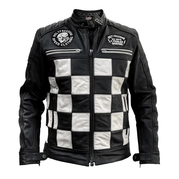 Front view of the leather motorcycle jacket with Bonneville lines and cafe racer cut.
