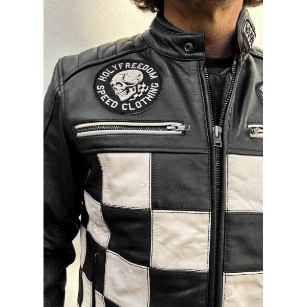 Close detail of the leather finish and Holyfreedom trims on the CE jacket.