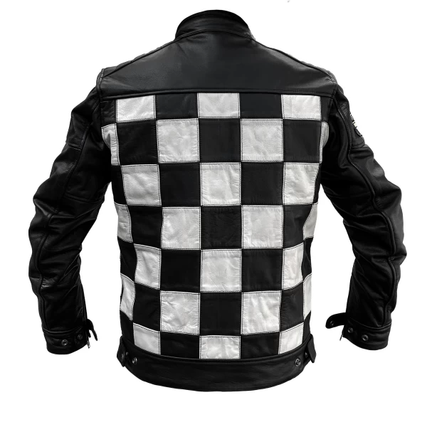 Front view of the leather motorcycle jacket with Bonneville lines and cafe racer cut. 2