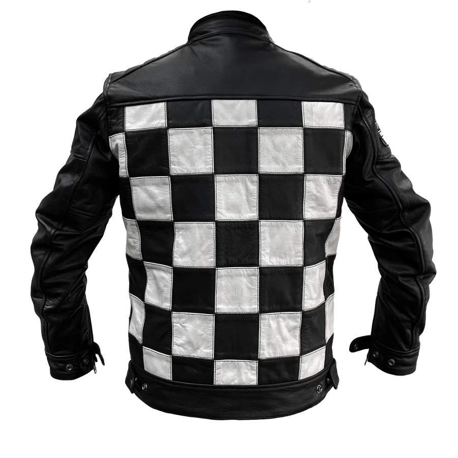 Front view of the leather motorcycle jacket with Bonneville lines and cafe racer cut.
