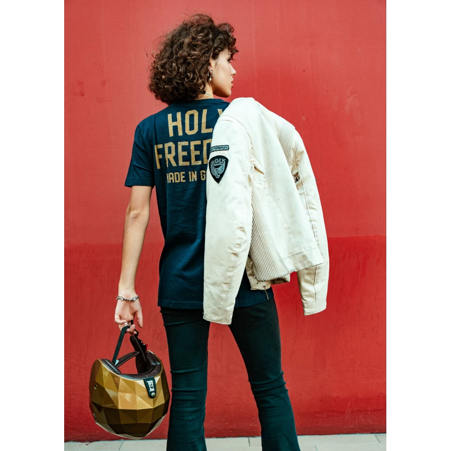 Graphic detail of the Holyfreedom Crew Blue tee, with a clean biker look and fresh blue tone.