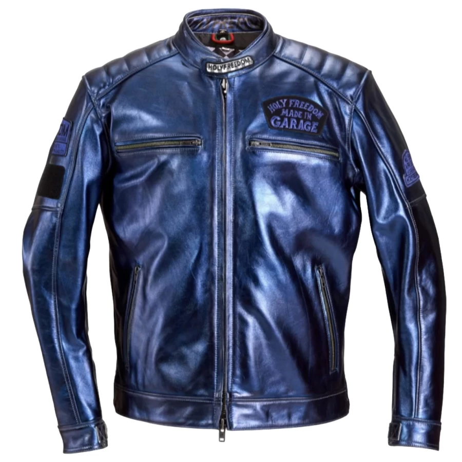 Front view of Holyfreedom Jacket Zero Metallic Blue, a CE leather cafe racer jacket with metallic sheen.
