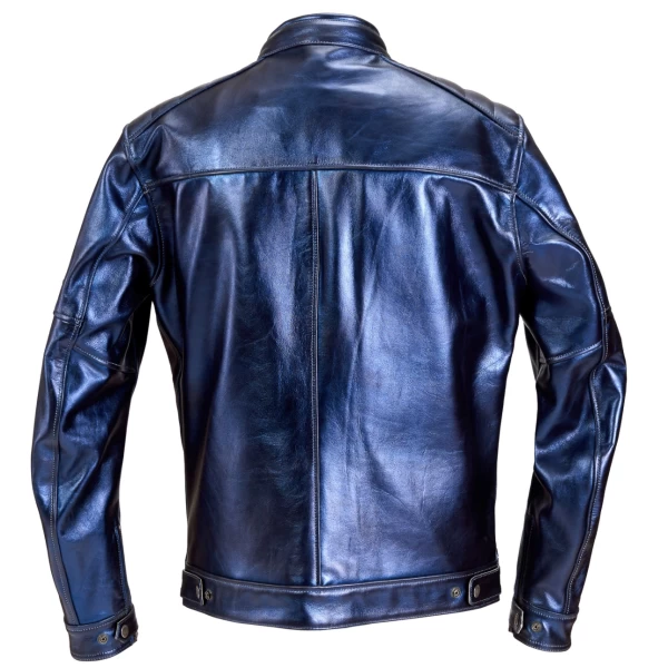 Front view of Holyfreedom Jacket Zero Metallic Blue, a CE leather cafe racer jacket with metallic sheen.