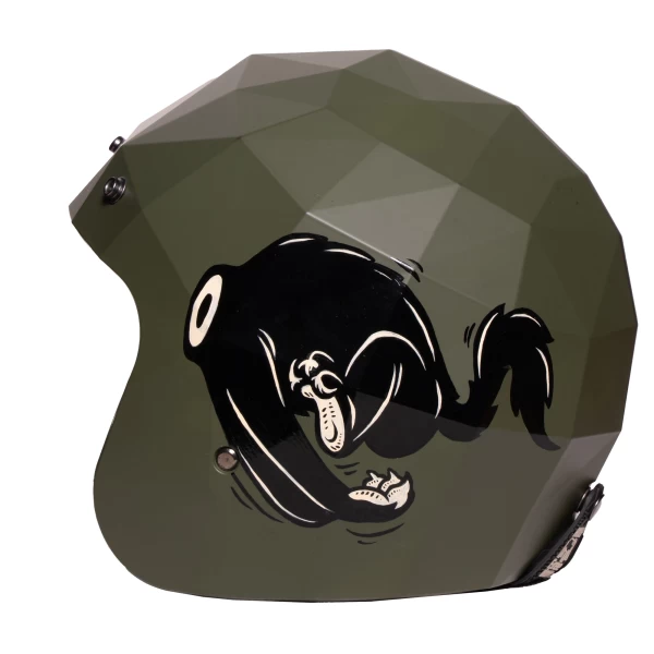 Front view of the Holyfreedom Stealth Holywolf vintage motorcycle helmet with artisan graphics. 2