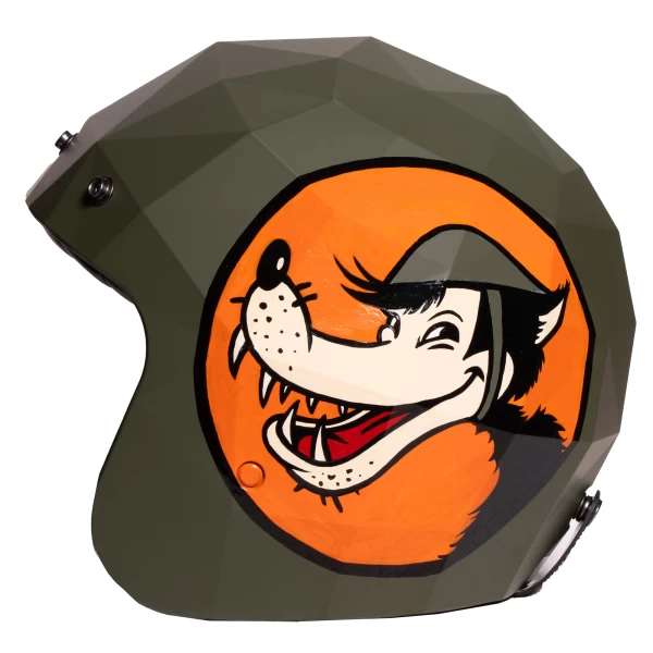 Vista frontale del casco moto vintage Holyfreedom Stealth Ezekiel con grafica artigianale.