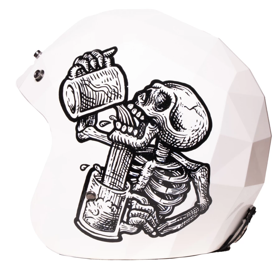 Close-up of the hand-painted Astemio graphic on a Holyfreedom helmet, bold artistic detail.