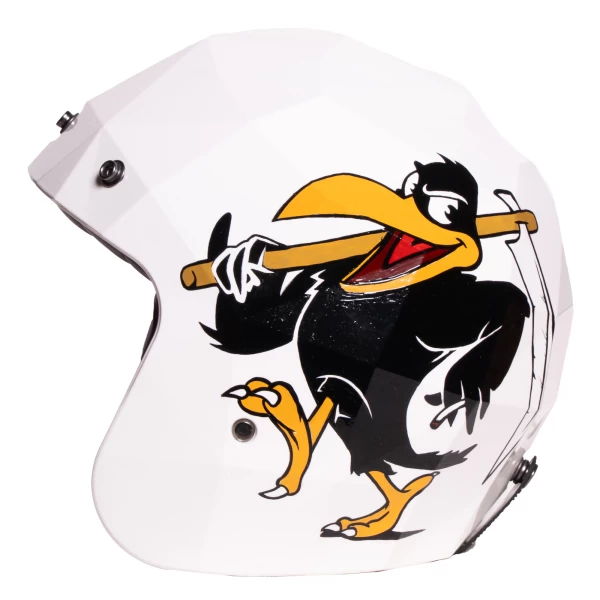 Front view of the Holyfreedom Stealth Curnassa vintage motorcycle helmet with artisan graphics.
