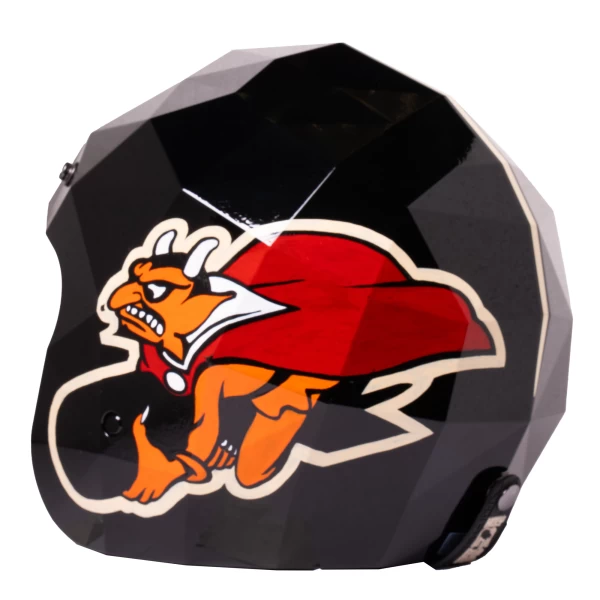 Vista frontale del casco moto vintage Holyfreedom Stealth Red Devil, nero e rosso. 2