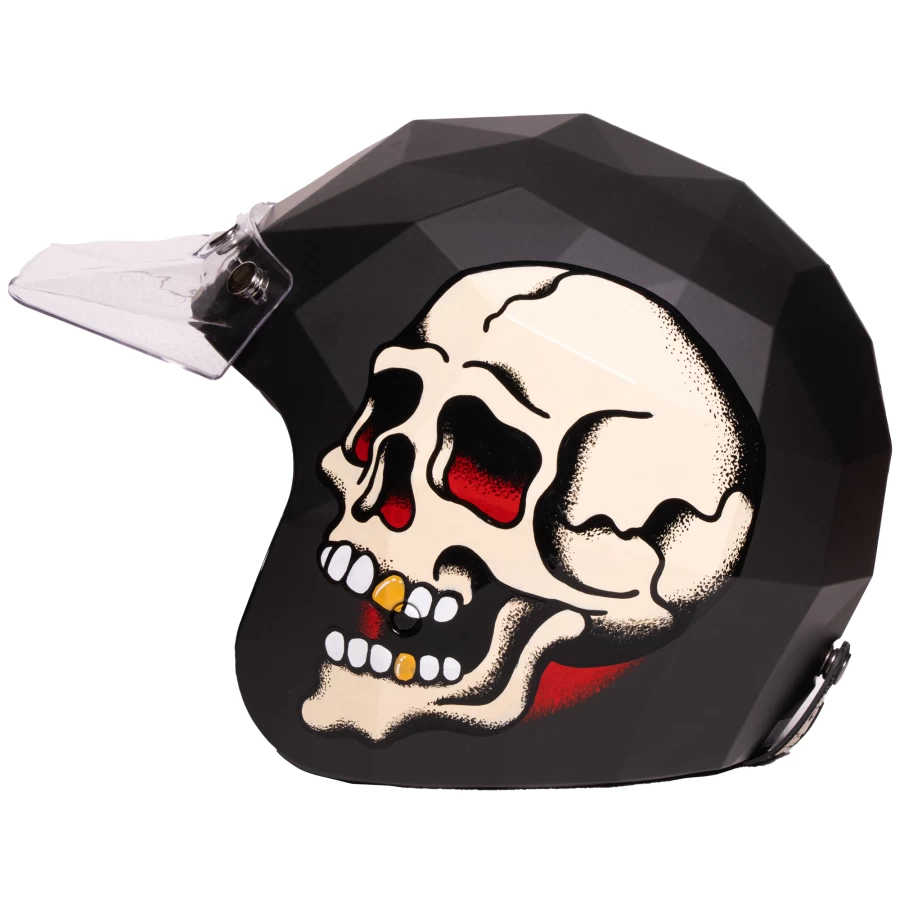Dettaglio grafica teschio su casco moto custom Holyfreedom Stealth O'Skull.