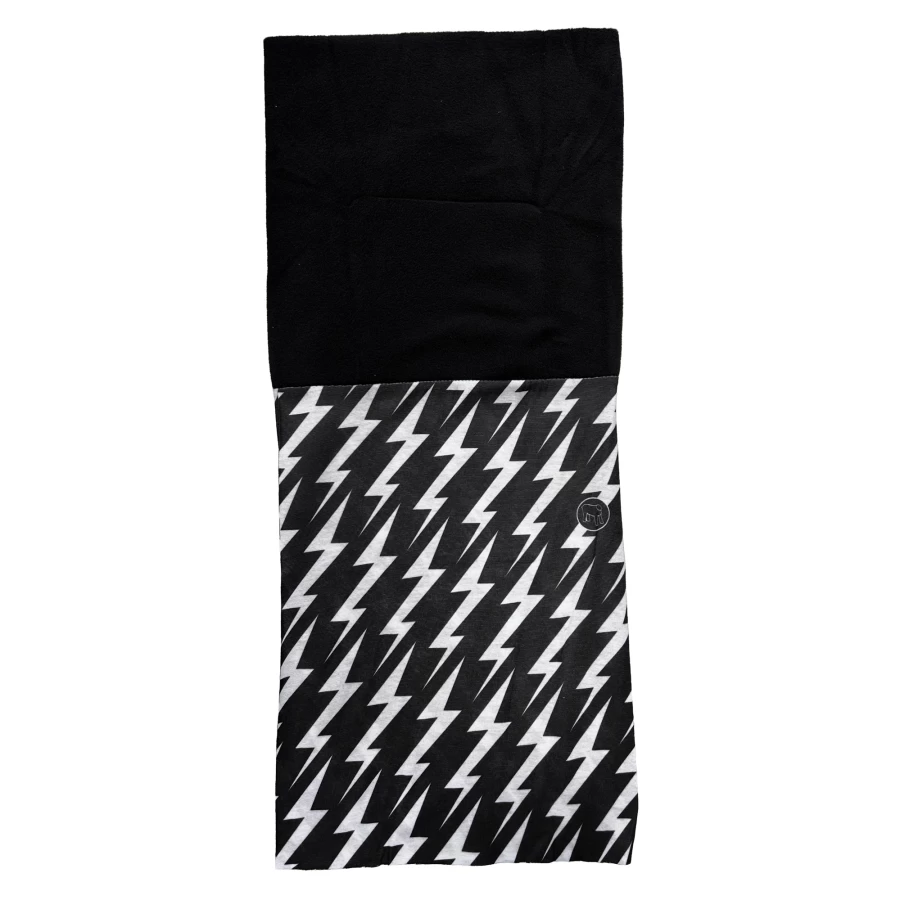 Close-up of the Polar material on a winter motorcycle tube scarf with bold graphic.