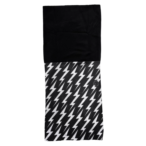 Close-up of the Polar material on a winter motorcycle tube scarf with bold graphic.