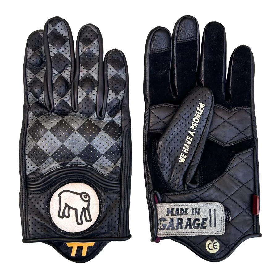 Vista frontale dei guanti moto pelle Bullit Black Holyfreedom, stile cafe racer essenziale.