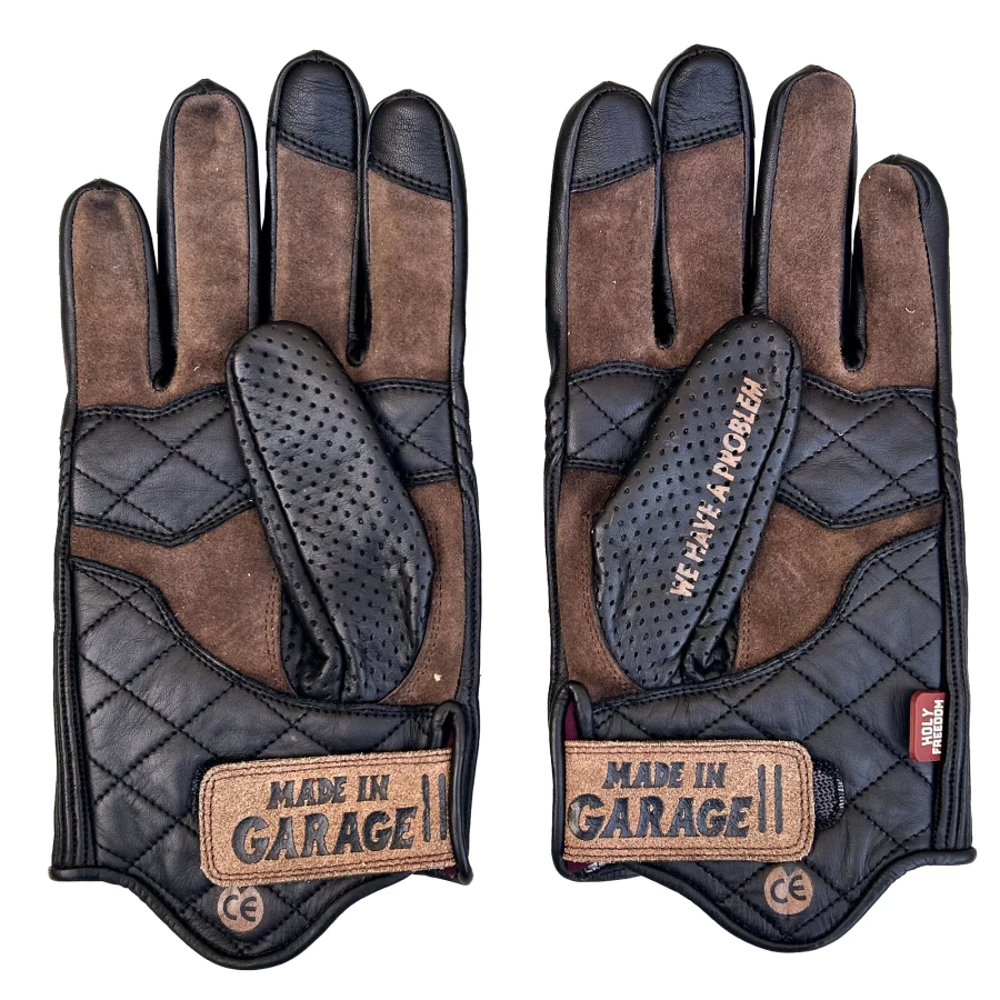 Guanti moto Bullit Stallion Holyfreedom in vista frontale, stile cafe racer e protezione CE.
