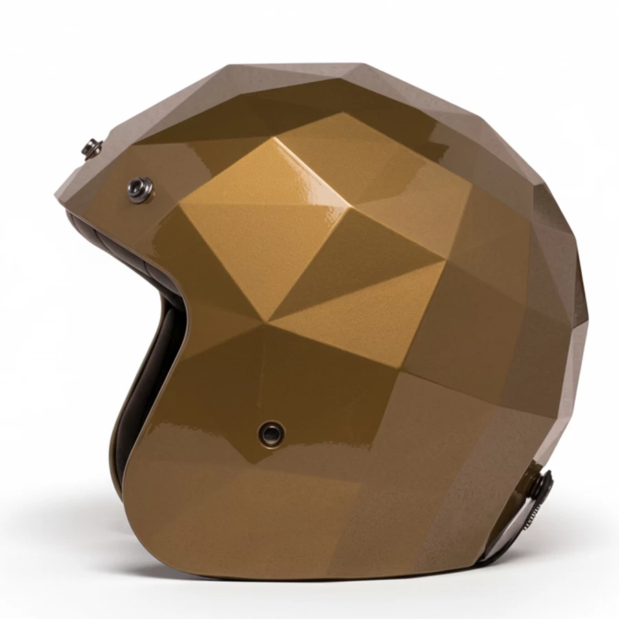 Vista laterale casco jet Golden Eye oro metallizzato sfaccettato ECE 22.06
