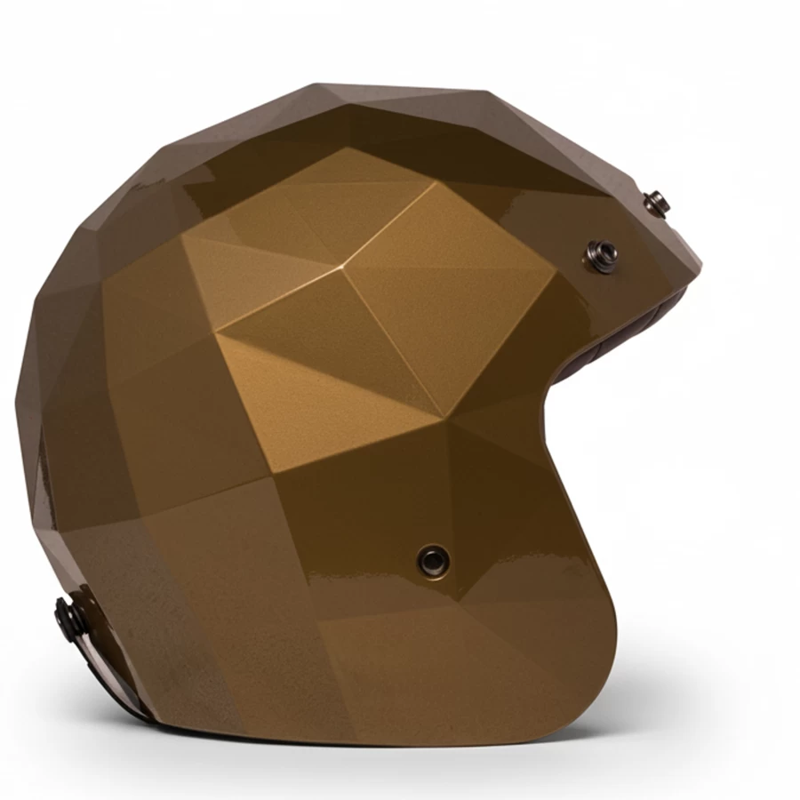 Vista laterale casco jet Golden Eye oro metallizzato sfaccettato ECE 22.06