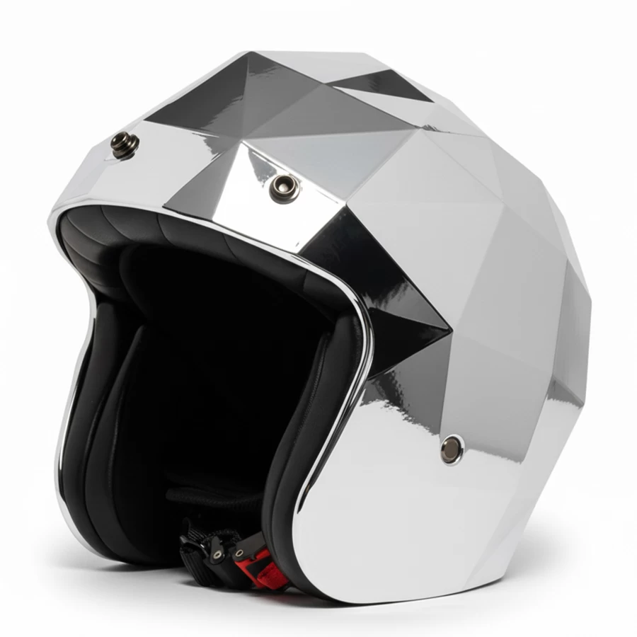 Casco moto jet Holyfreedom Stealth cromato con design sfaccettato e calotta HF® geodetica.