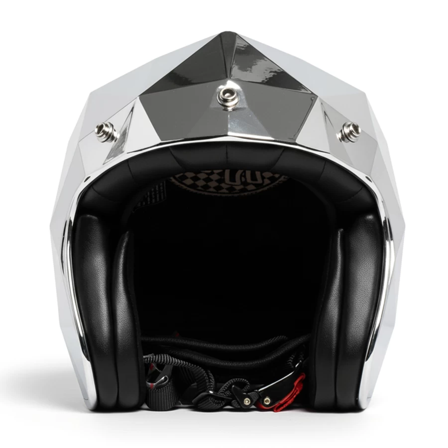 Casco moto jet Holyfreedom Stealth cromato con design sfaccettato e calotta HF® geodetica.