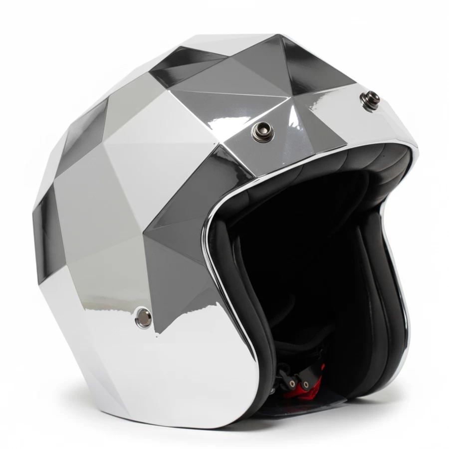 Casco moto jet Holyfreedom Stealth cromato con design sfaccettato e calotta HF® geodetica.