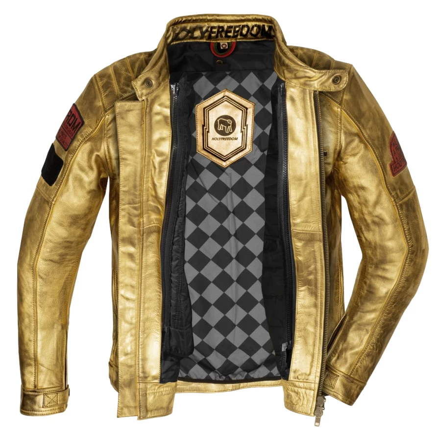 Fronte giacca moto pelle Lingotto con finiture dorate e look esclusivo.