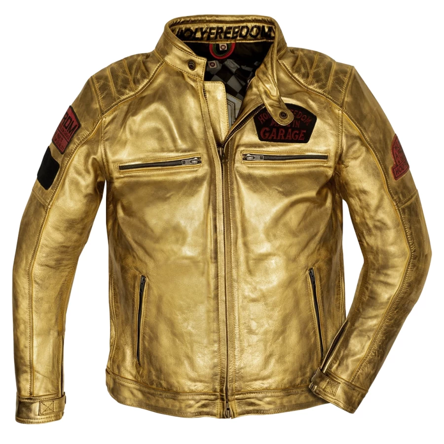 Fronte giacca moto pelle Lingotto con finiture dorate e look esclusivo.