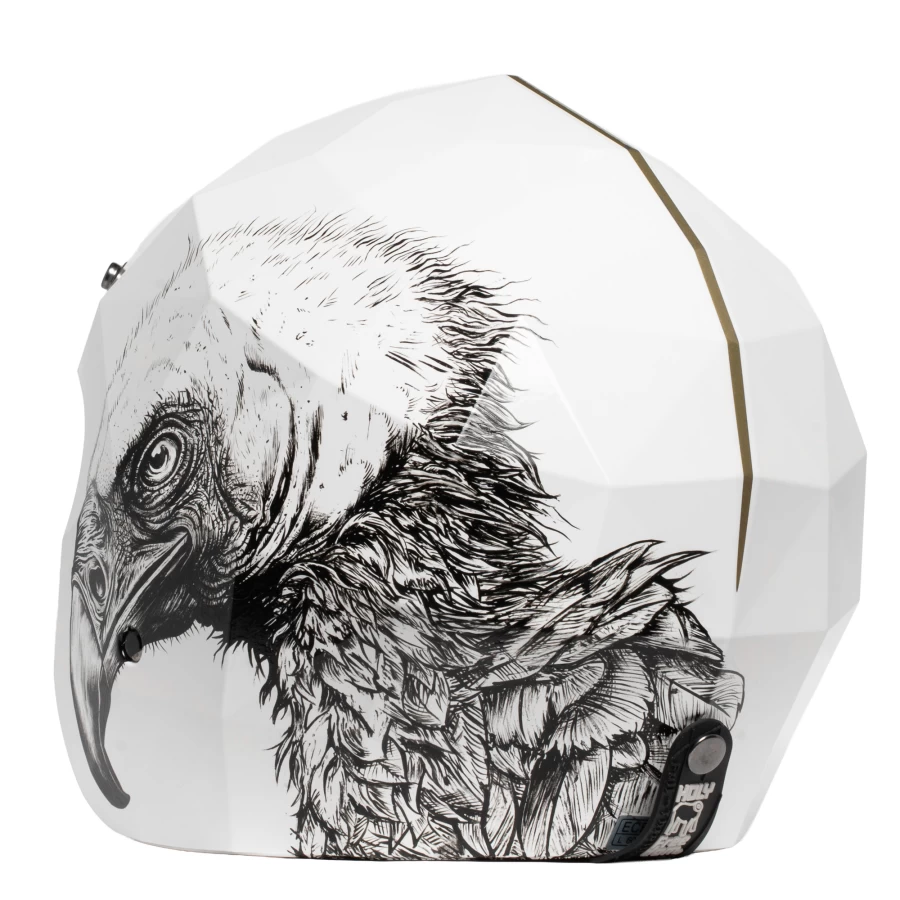 Close-up of the hand-painted Avvoltoio graphic on a Holyfreedom helmet, sharp and expressive.