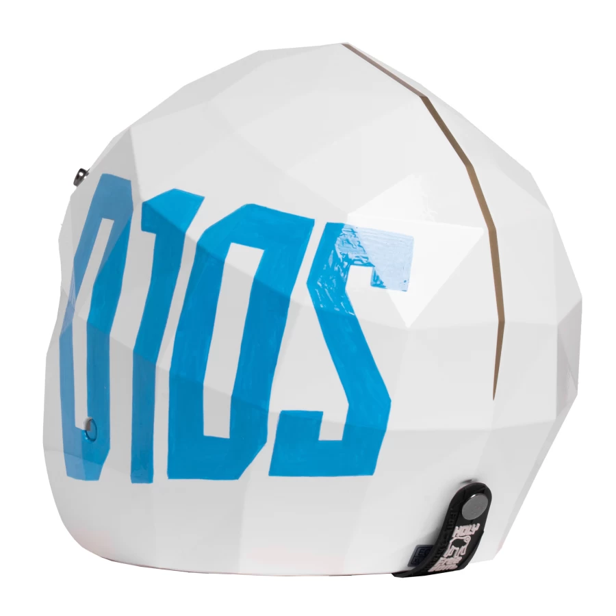 Close-up of custom cafe racer helmet artwork on the Stealth D10S, painted by Darius.
