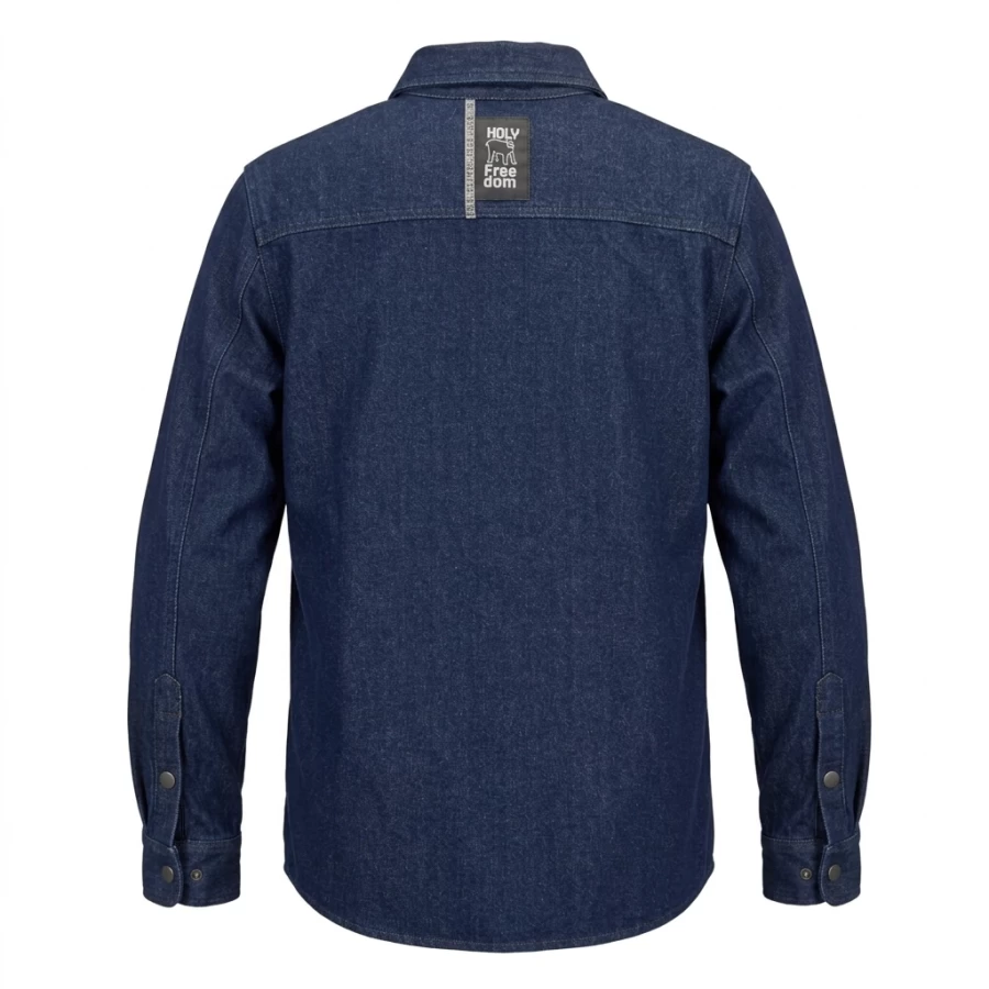 Vista frontale della camicia denim rinsed Holyfreedom per look moto custom autentico 2