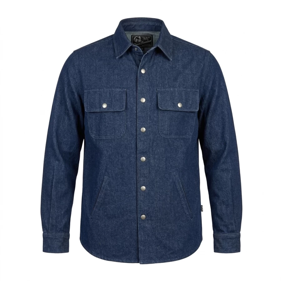 Vista frontale della camicia denim rinsed Holyfreedom per look moto custom autentico