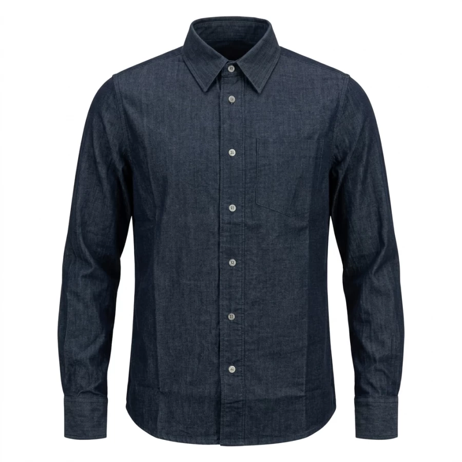 Vista frontale della camicia jeans leggera Holyfreedom, con taglio pulito e stile vintage custom.
