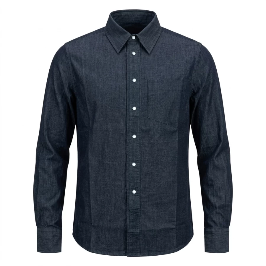 Vista frontale della camicia jeans snap Holyfreedom, con taglio vintage e stile custom.