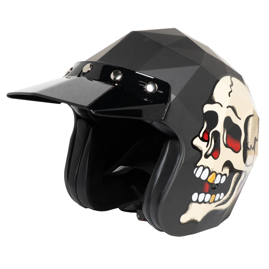 Front view della visiera Holyfreedom Rinaldi Nero su casco vintage, look cafe racer.