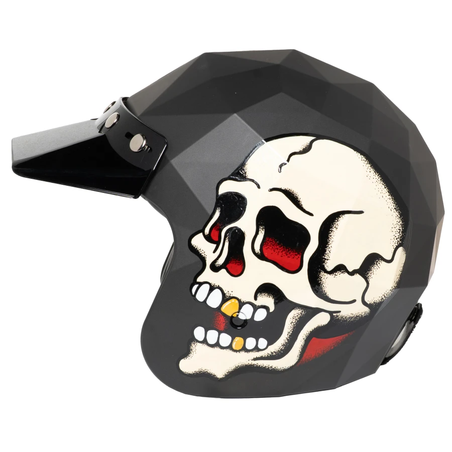 Dettaglio grafico della finitura nera Rinaldi per un casco custom essenziale e pulito.