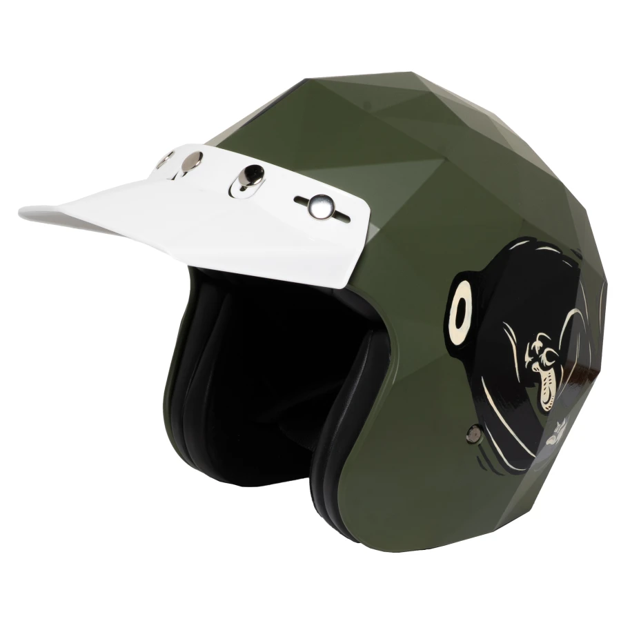 Front view of a white visor on a vintage motorcycle helmet by Holyfreedom.
