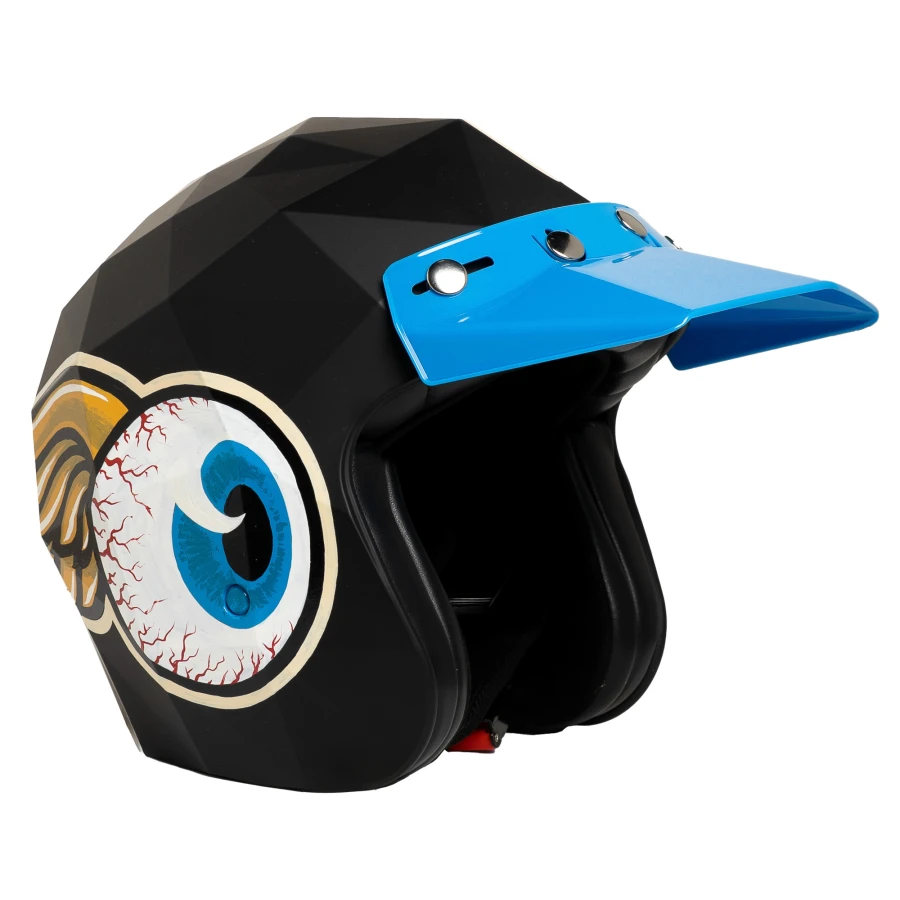 Visiera blu frontale su casco vintage, accessorio Holyfreedom dal forte carattere.