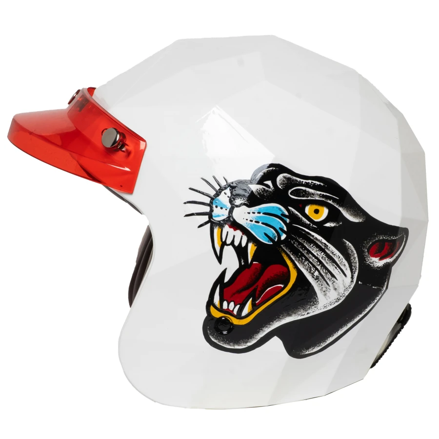 Front view of the red Mansell visor for vintage motorcycle helmets, clean and bold. 2