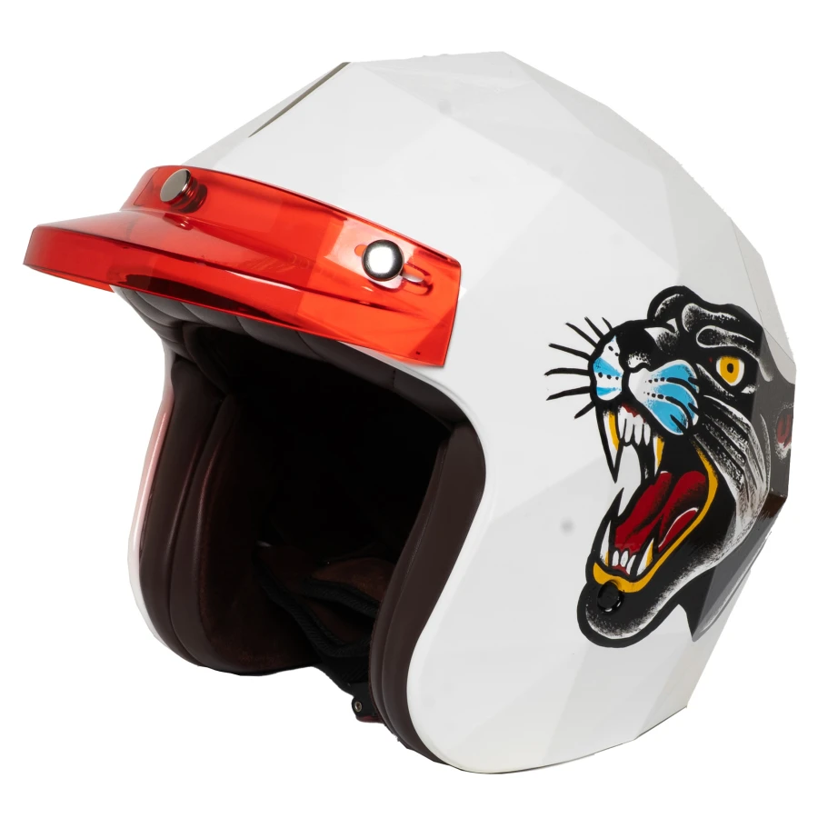 Vista frontale della visiera Rossa Mansell per casco moto vintage, profilo pulito.