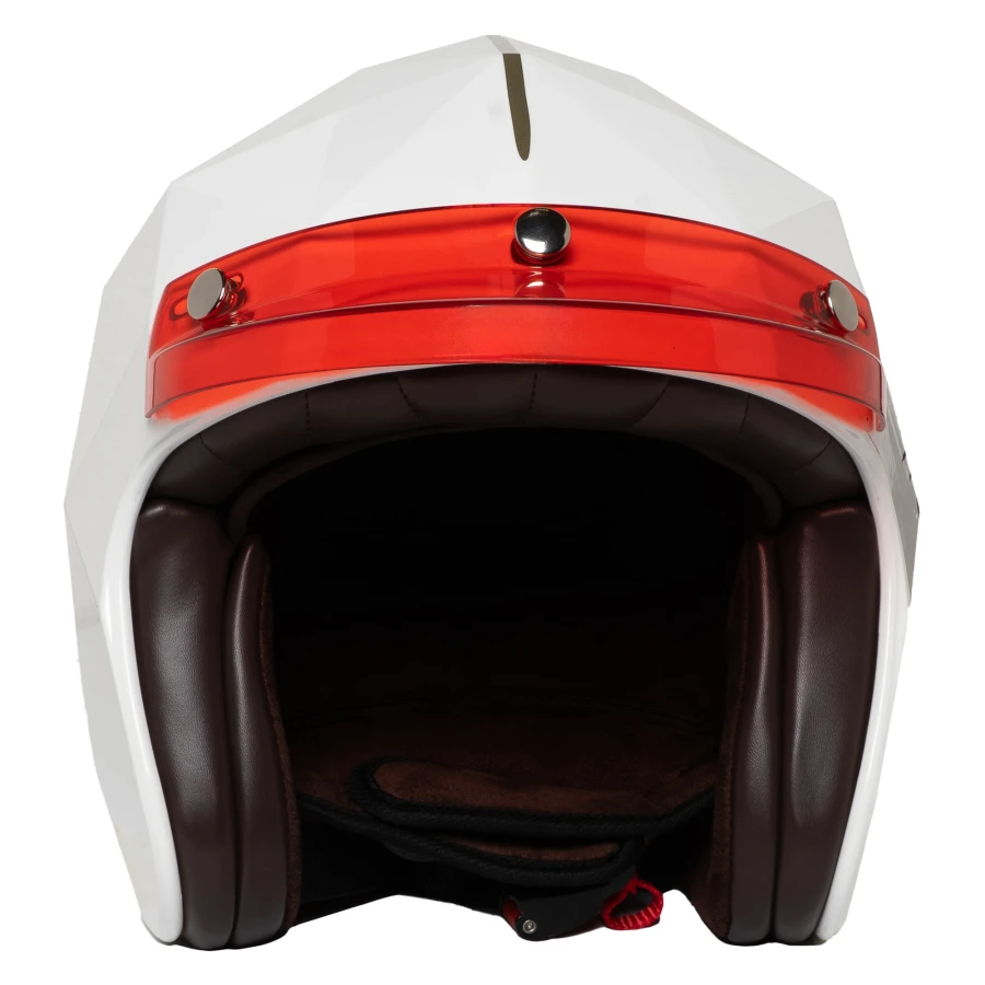 Dettaglio finitura rossa Mansell, ideale per un casco cafe racer dal carattere forte.